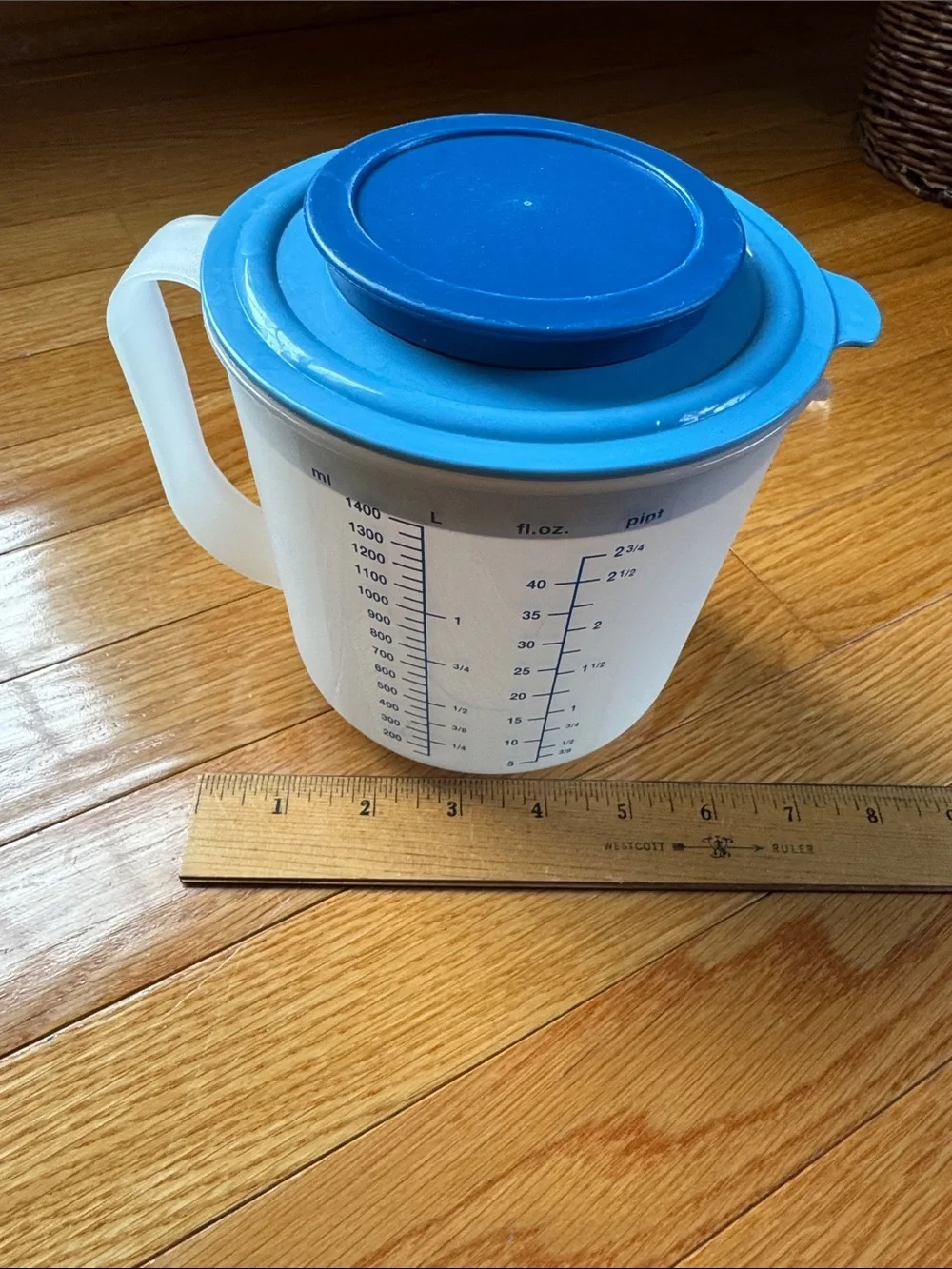 Vintage Plastic Measuring Pitcher with Blue Lid Graduated Mixing Pitcher Retro